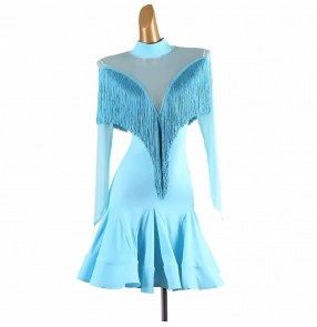 Women young girls turquoise red black fringe latin dance dresses turtle neck mesh long sleeves rumba salsa chacha performance clothes